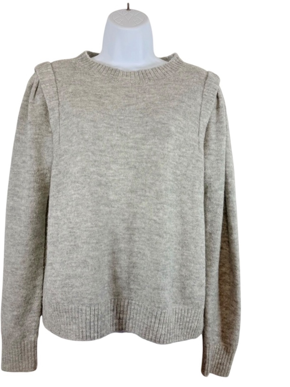 DKNY Heather Gray Knit Puff Shoulder Sweater Size L Classic Minimalist Cozycore